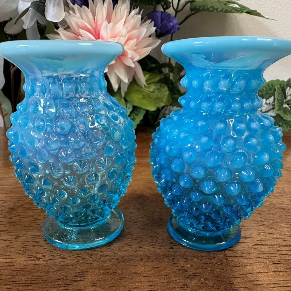 Pair Fenton Blue Opalescent Hobnail‎ Vases Flared Edge Vintage Glass